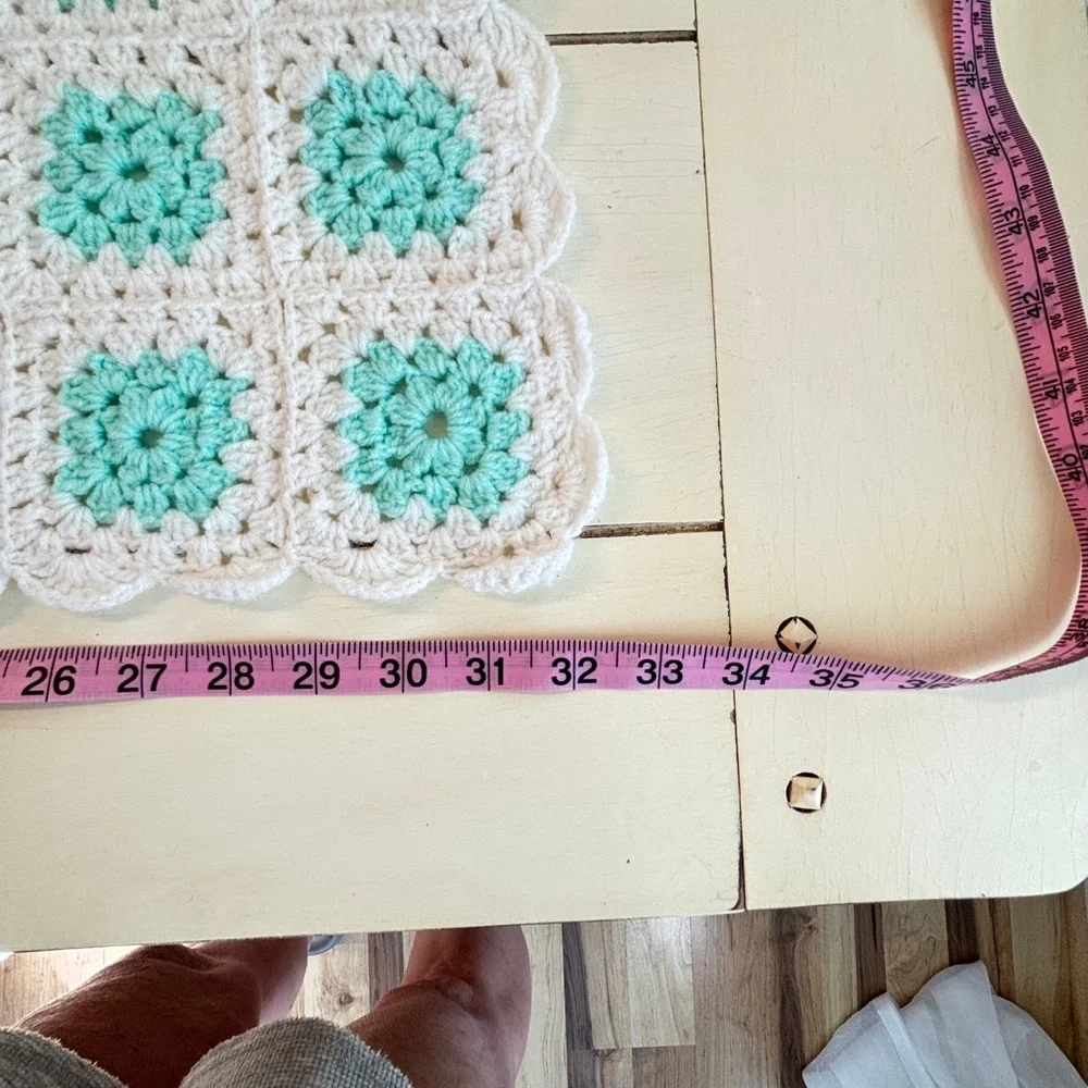 Granny Square Crochet Blanket Afghan White Blue/Green 32X40.5in Handmade